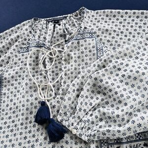French Connection Boho Peasant Blouse XS‎ White Blue Floral Patchwork Tassel Top